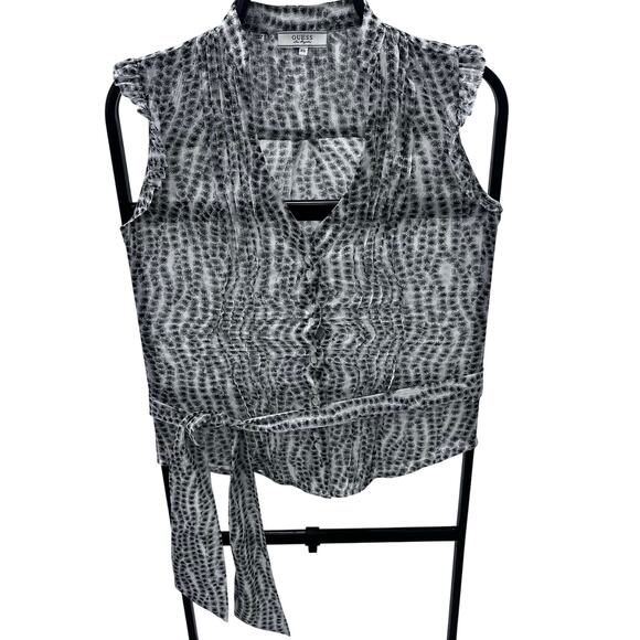 Y2K Guess Los Angeles Women's XS Sheer Sleeveless Blouse Black White With Sash - Picture 1 of 5